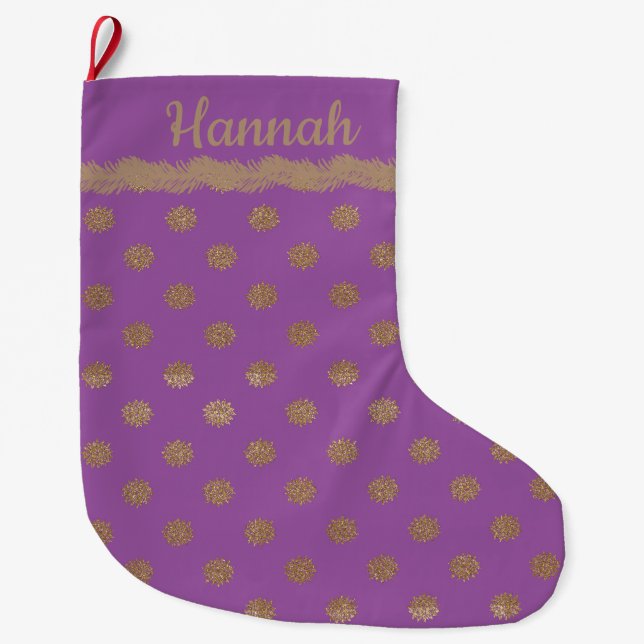 Girly-Girl Purple and Gold Glitter Personalised Large Christmas Stocking (Front)