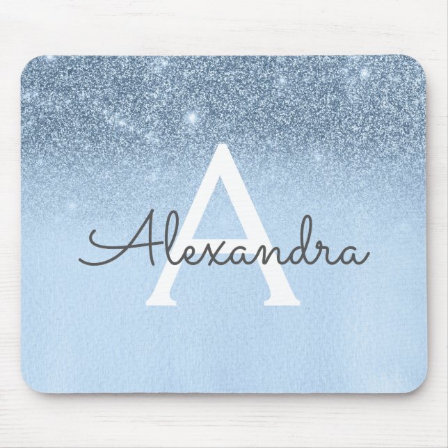 Girly Glam Baby Blue Sparkle Glitter Monogram Mouse Mat (Front)