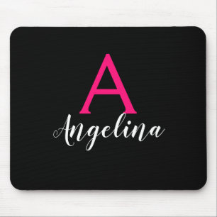 Girly & Glam Black, White, Hot Pink Monogram Name Mouse Mat