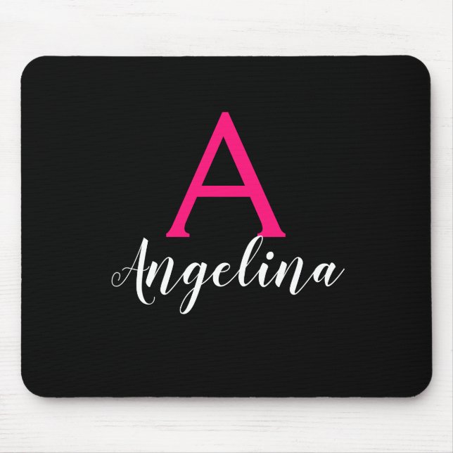 Girly & Glam Black, White, Hot Pink Monogram Name Mouse Mat (Front)