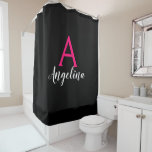 Girly & Glam Black, White, Hot Pink Monogram Name Shower Curtain<br><div class="desc">Personalised monogram girly and glam black shower curtain with white and hot pink writing. This glamourous shower curtain can be easily personalised with your own custom first name and monogram initial. You can even change the text colour and font style using the customise option.</div>