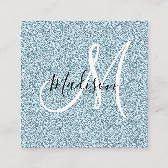 Girly & Glam Blue Silver Glitter Sparkle Monogram Square Business Card (Front)