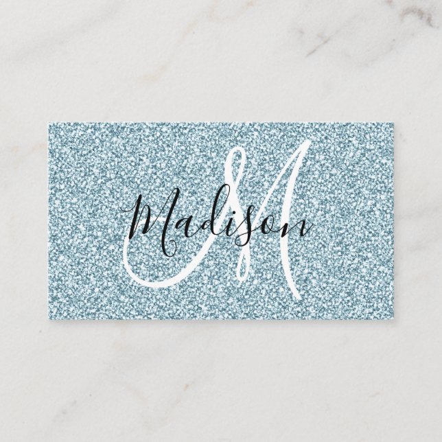Girly & Glam Blue Silver Glitter Sparkles Monogram Business Card (Front)
