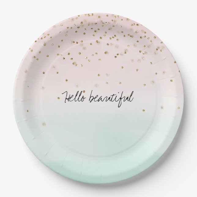 Girly Glam Blush Pink Mint Gold Sparkle Confetti Paper Plate (Front)