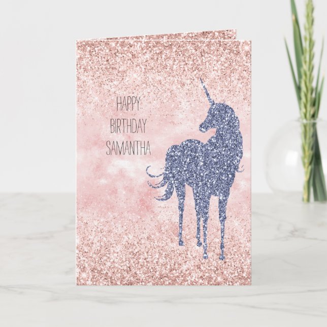 Girly Glam Blush Pink Purple Unicorn Glitter Card (Front)