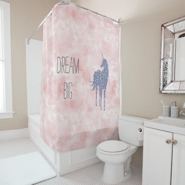 Girly Glam Blush Pink Purple Unicorn Glitter Shower Curtain (In Situ)