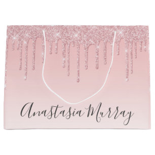 Girly Glam Blush Pink Rose Gold Glitter Drips Name Large Gift Bag