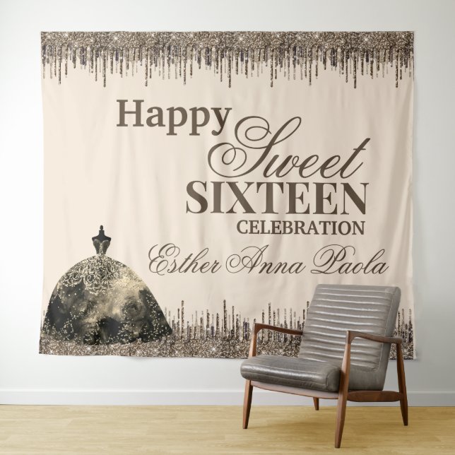 Girly Glam Brown Sparkly Drips Sweet 16 Birthday Tapestry (In Situ (Horizontal))
