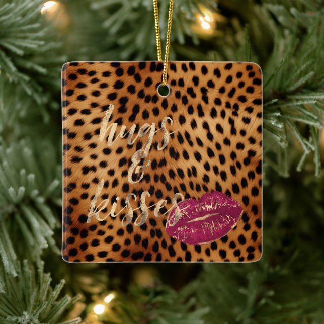 Girly Glam Cheetah Leopard Hugs & Kisses Lips Ceramic Ornament (Tree)
