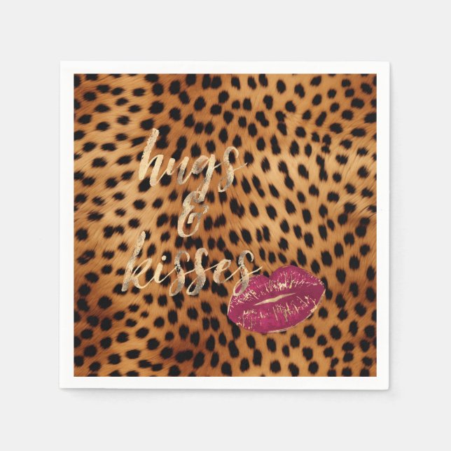 Girly Glam Cheetah Leopard Hugs & Kisses Lips Napkin (Front)
