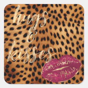 Girly Glam Cheetah Leopard Hugs & Kisses Lips Square Sticker