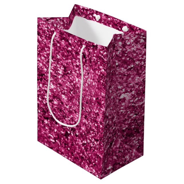Girly Glam Fuchsia Pink Glitter Medium Gift Bag (Front Angled)