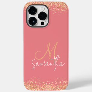 Girly Glam Glittery Pink & Gold Monogram Case-Mate iPhone 14 Pro Max Case