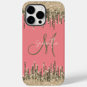 Girly Glam Glittery Pink & Golden Monogram Case-Mate iPhone 14 Pro Max Case