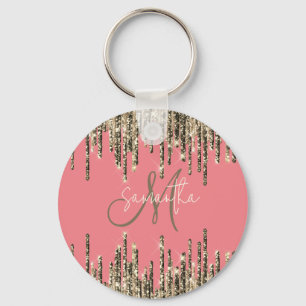 Girly Glam Glittery Pink & Golden Monogram Key Ring