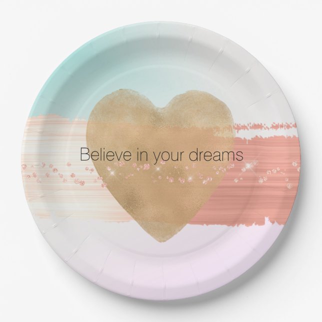 Girly Glam Gold Heart Peach Blush Sparkle Tie Dye Paper Plate (Front)