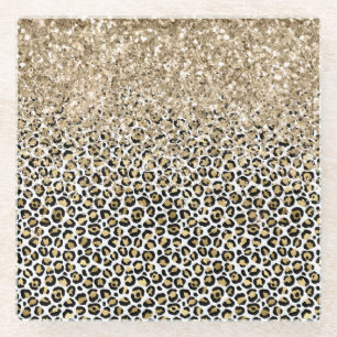 Girly Glam Gold Leopard Print Glitter sparkle Glass Coaster