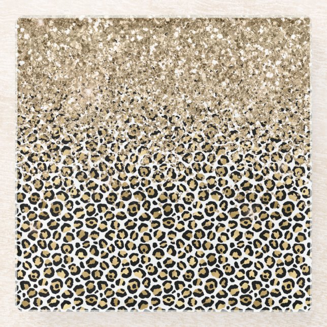 Girly Glam Gold Leopard Print Glitter sparkle Glass Coaster (Front)