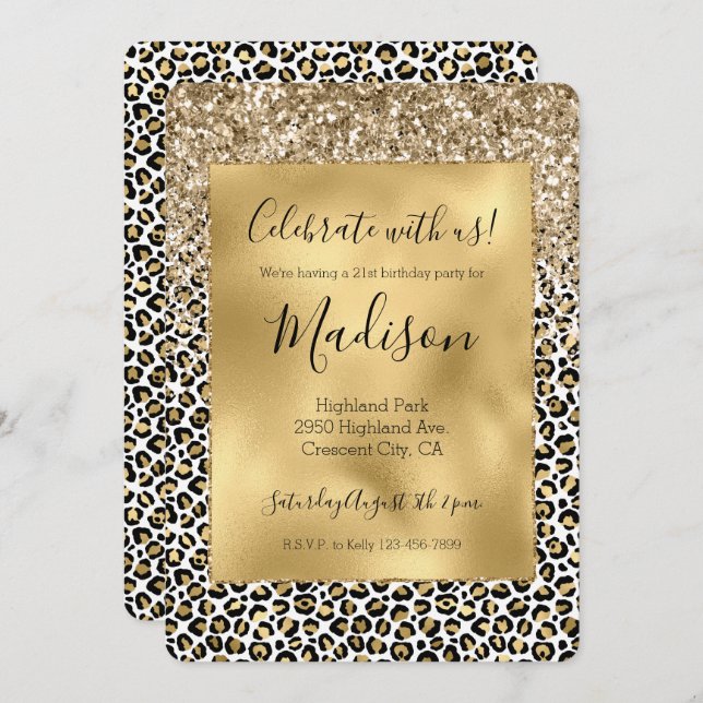 Girly Glam Gold Leopard Print Glitter sparkle Invitation (Front/Back)