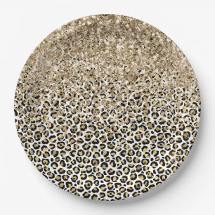 Girly Glam Gold Leopard Print Glitter sparkle Paper Plate