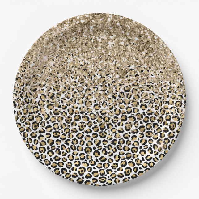 Girly Glam Gold Leopard Print Glitter sparkle Paper Plate (Front)