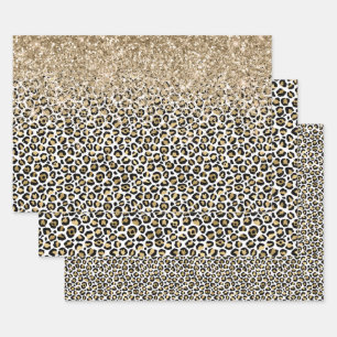 Girly Glam Gold Leopard Print Glitter sparkle Wrapping Paper Sheet