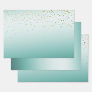 Girly Glam Gold Mini Confetti Mint Ombre Wrapping Paper Sheet