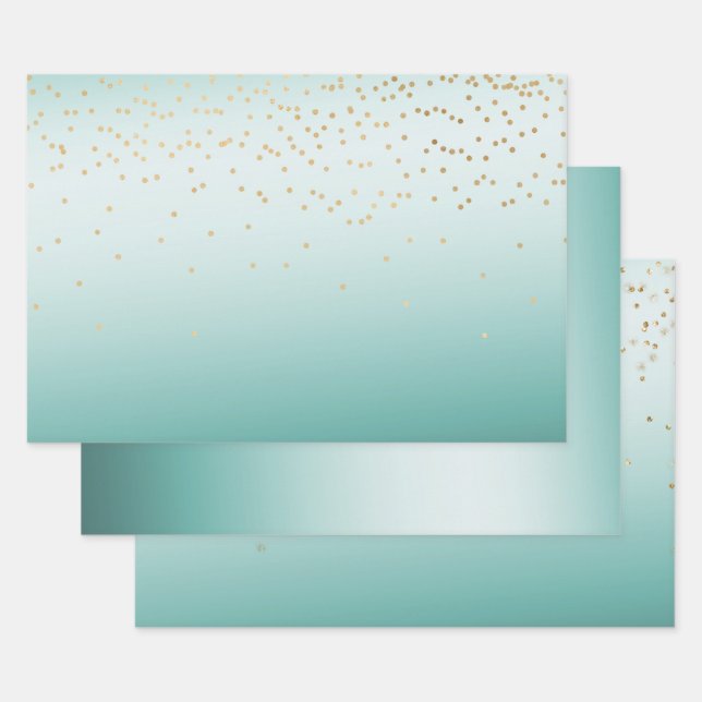 Girly Glam Gold Mini Confetti Mint Ombre Wrapping Paper Sheet (Set)