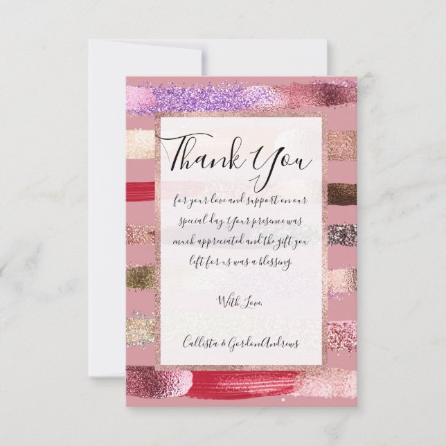 Girly Glam Gold Pink Glitter Metallic Brushstrokes Thank You Card (Front)