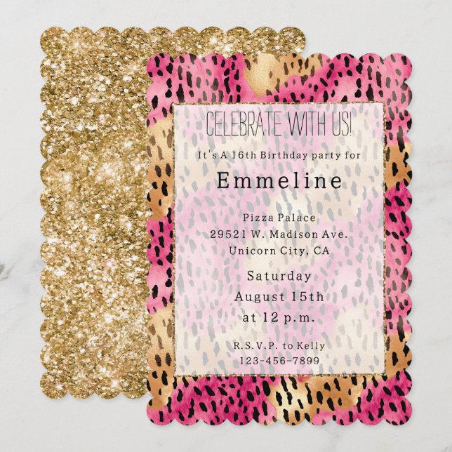 Girly Glam Gold Pink Leopard Invitation (Front/Back)