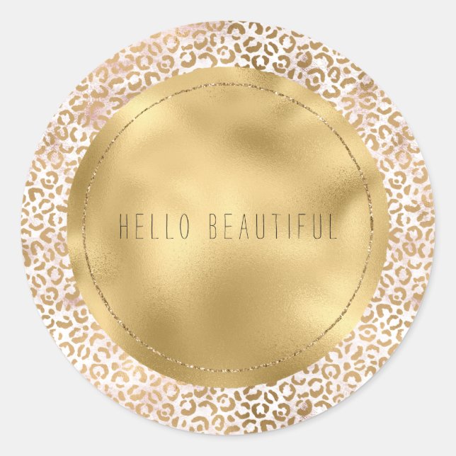 Girly Glam Gold Pink Leopard Print Personalised Classic Round Sticker (Front)