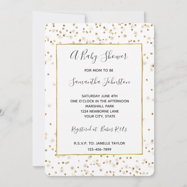 Girly Glam Gold Sparkle Confetti Baby Shower Invitation (Back)