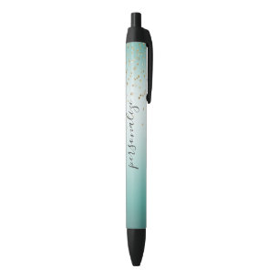 Girly Glam Gold Sparkle Confetti Mint Ombre Black Ink Pen