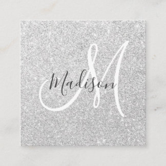 Girly & Glam Grey Silver Glitter Sparkle Monogram Square Business Card