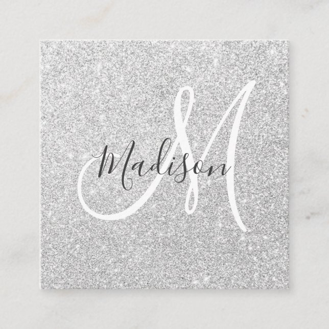 Girly & Glam Grey Silver Glitter Sparkle Monogram Square Business Card (Front)