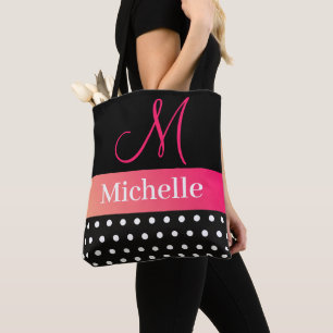 Girly Glam Hot Pink and black Monogram Name Tote Bag