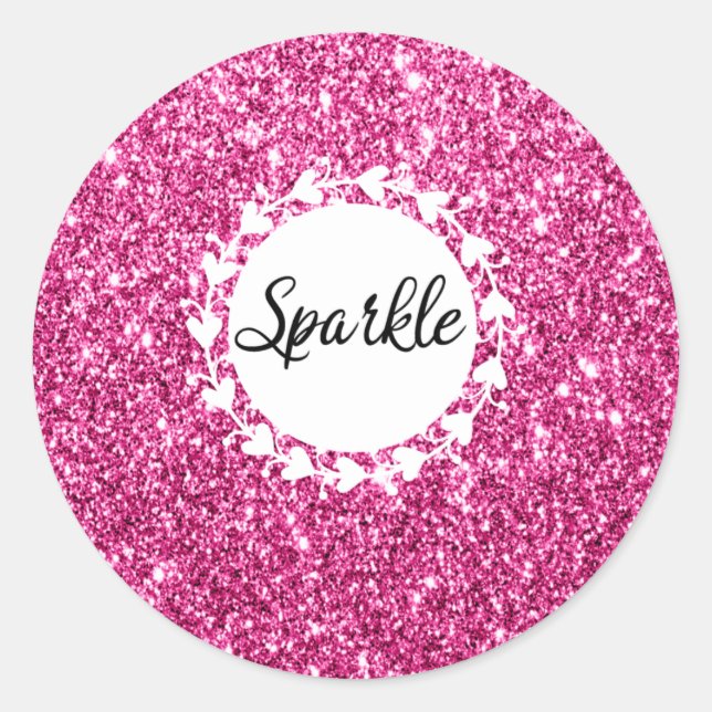 Girly & Glam Hot Pink Glitter Sparkle White Hearts Classic Round Sticker (Front)