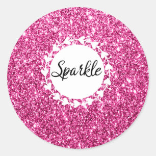 Girly & Glam Hot Pink Glitter Sparkle White Hearts Classic Round Sticker