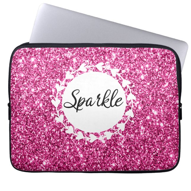 Girly & Glam Hot Pink Glitter Sparkle White Hearts Laptop Sleeve (Front)