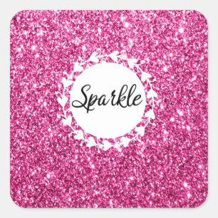 Girly & Glam Hot Pink Glitter Sparkle White Hearts Square Sticker