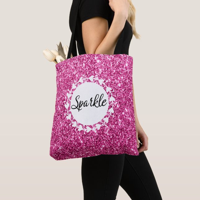 Girly & Glam Hot Pink Glitter Sparkle White Hearts Tote Bag (Close Up)