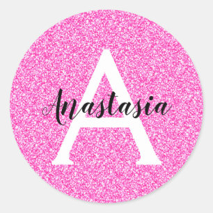 Girly Glam Hot Pink Glitter Sparkles Monogram Name Classic Round Sticker