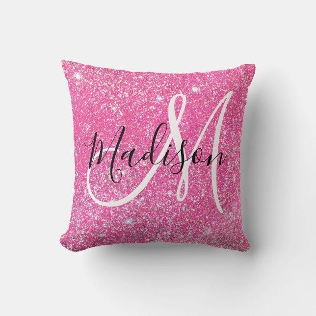 Girly Glam Hot Pink Glitter Sparkles Monogram Name Cushion (Front)