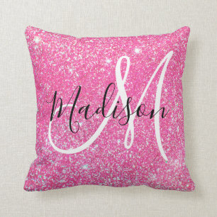 Girly Glam Hot Pink Glitter Sparkles Monogram Name Cushion