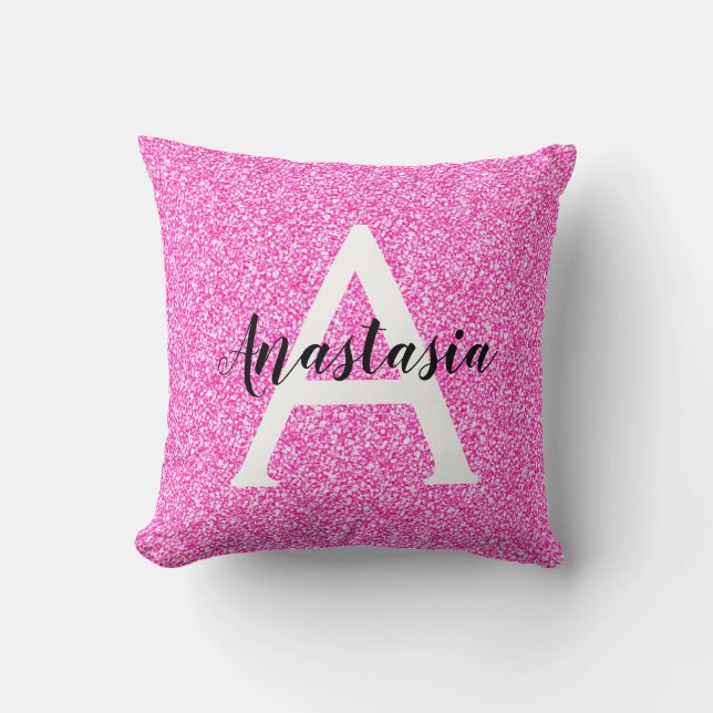 Girly Glam Hot Pink Glitter Sparkles Monogram Name Cushion (Front)