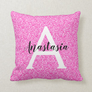 Girly Glam Hot Pink Glitter Sparkles Monogram Name Cushion