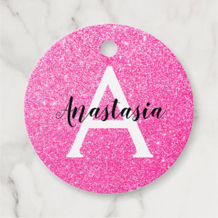 Girly Glam Hot Pink Glitter Sparkles Monogram Name Favour Tags