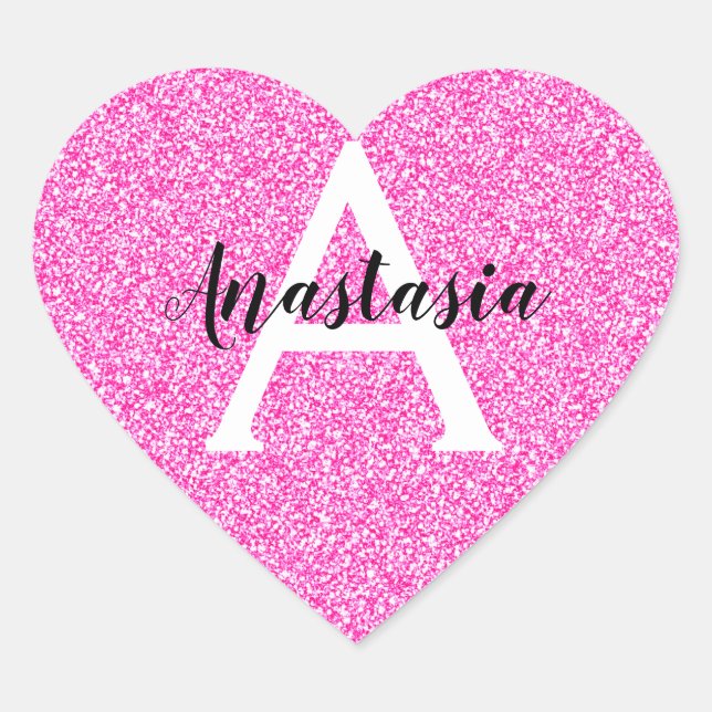 Girly Glam Hot Pink Glitter Sparkles Monogram Name Heart Sticker (Front)
