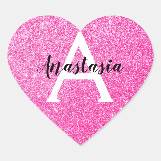 Girly Glam Hot Pink Glitter Sparkles Monogram Name Heart Sticker (Front)
