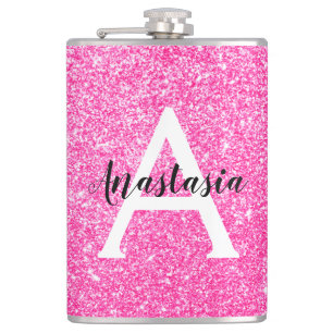 Girly Glam Hot Pink Glitter Sparkles Monogram Name Hip Flask